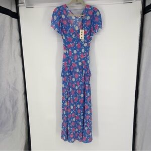 Rixo Evie 100% Silk Blue Floral Shell Beachy Ruffle Sheer Slip Maxi Dress NWT